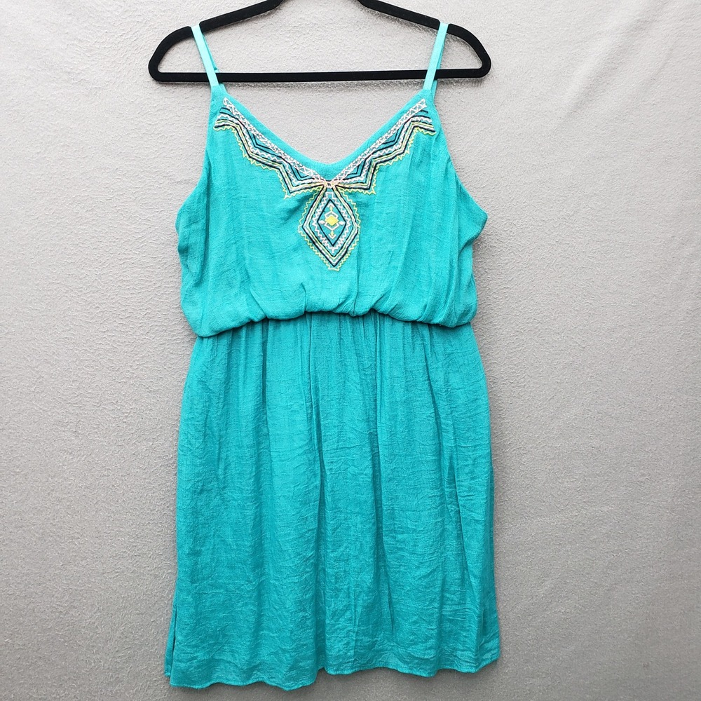 Maurices Blouson Mini Dress Aqua Blue Embroidered Beachy Boho Coastal Size XL